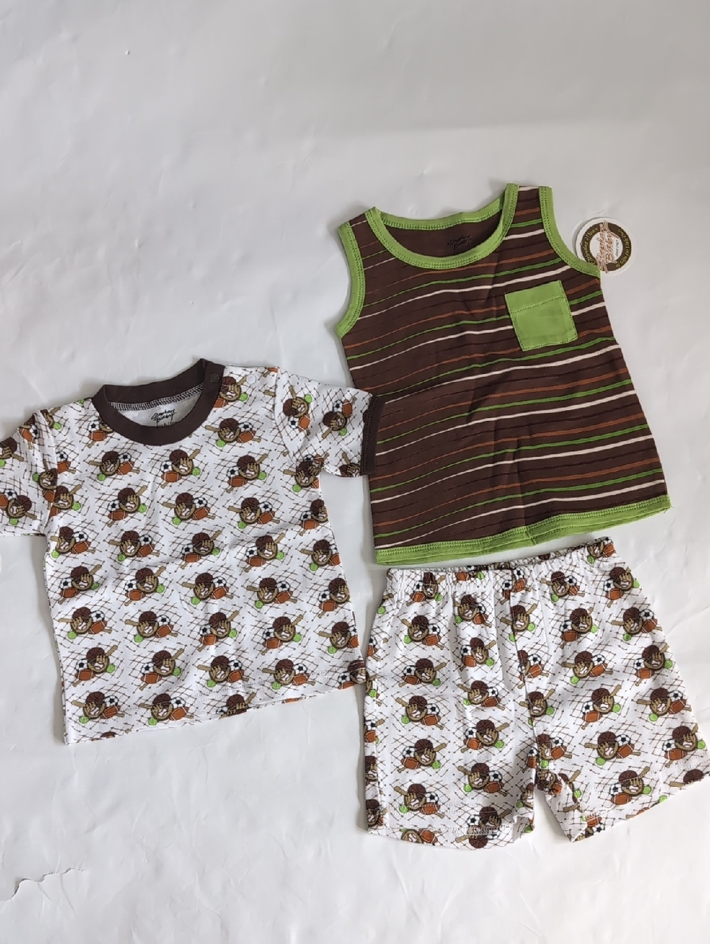 Toddler Brown & Green 3pc Sport Striped, Tank, Tee Short Set - 6 - 12M